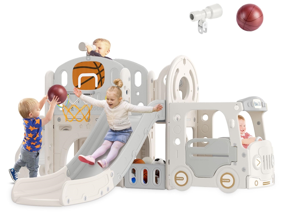 Picture of tek NT75251 BIERUM 10-in-1 Baby Slide with Ring Toss&#44; Basketball Hoop & Bus Play House&#44; Indoor Outdoor Slide Playground Playset for Toddlers Age 1 Plus&#44; Beige & Coffee
