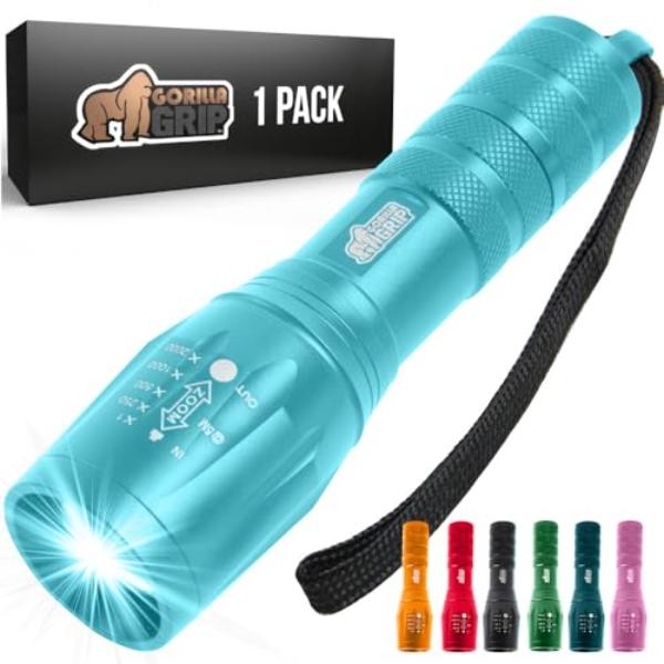 tek NT75554 750 ft. Gorilla Grip Powerful LED High Lumens 5 Adjustable Modes Water Resistant Ultra Bright Zoom Tactical Flashlight, Turquoise