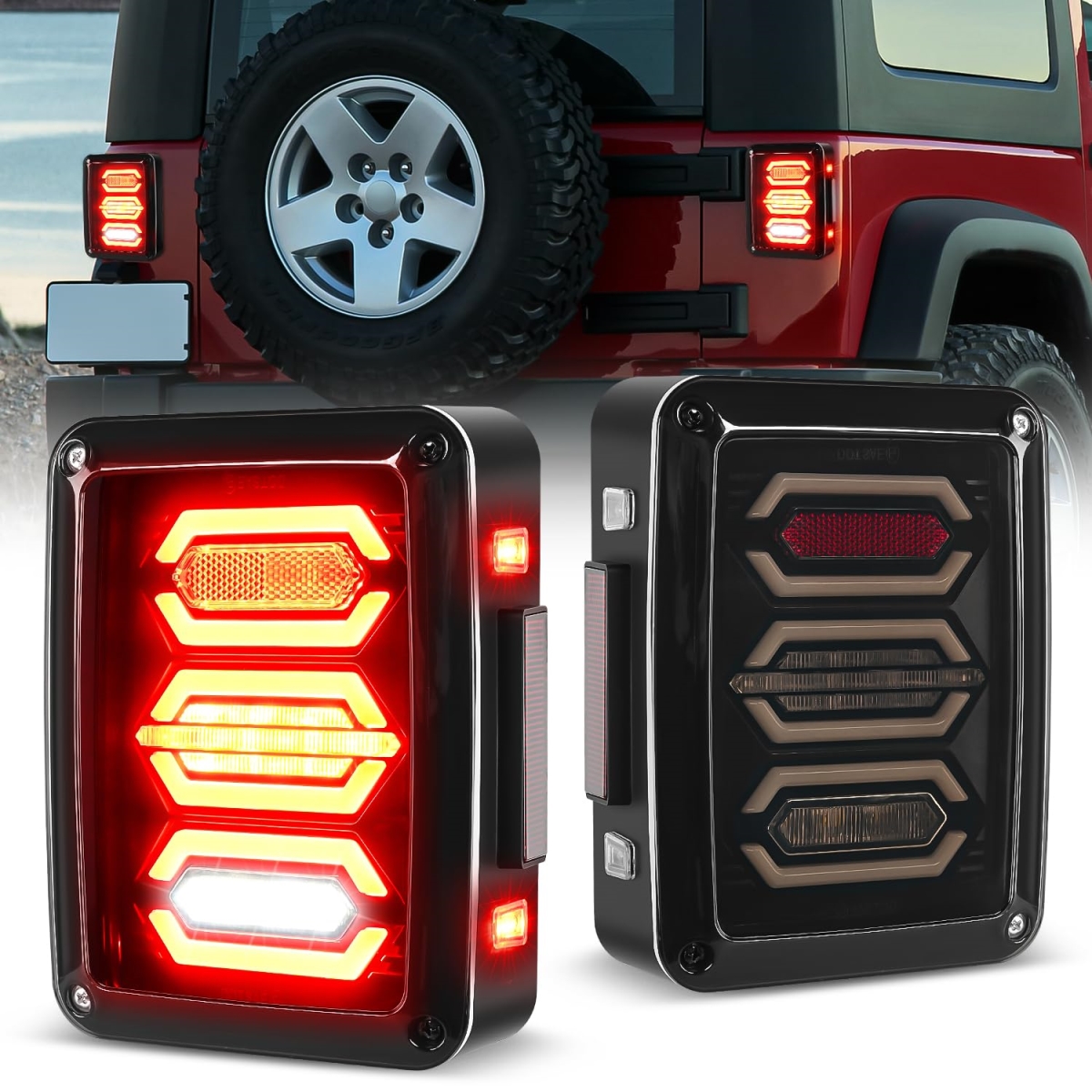 tek  Nilight JK Tail Light LED Running Stop Brake Reverse Back Up Turn Signals Lights with Smoked Lens for 2007-2018 Wrangler JKU, Red & White