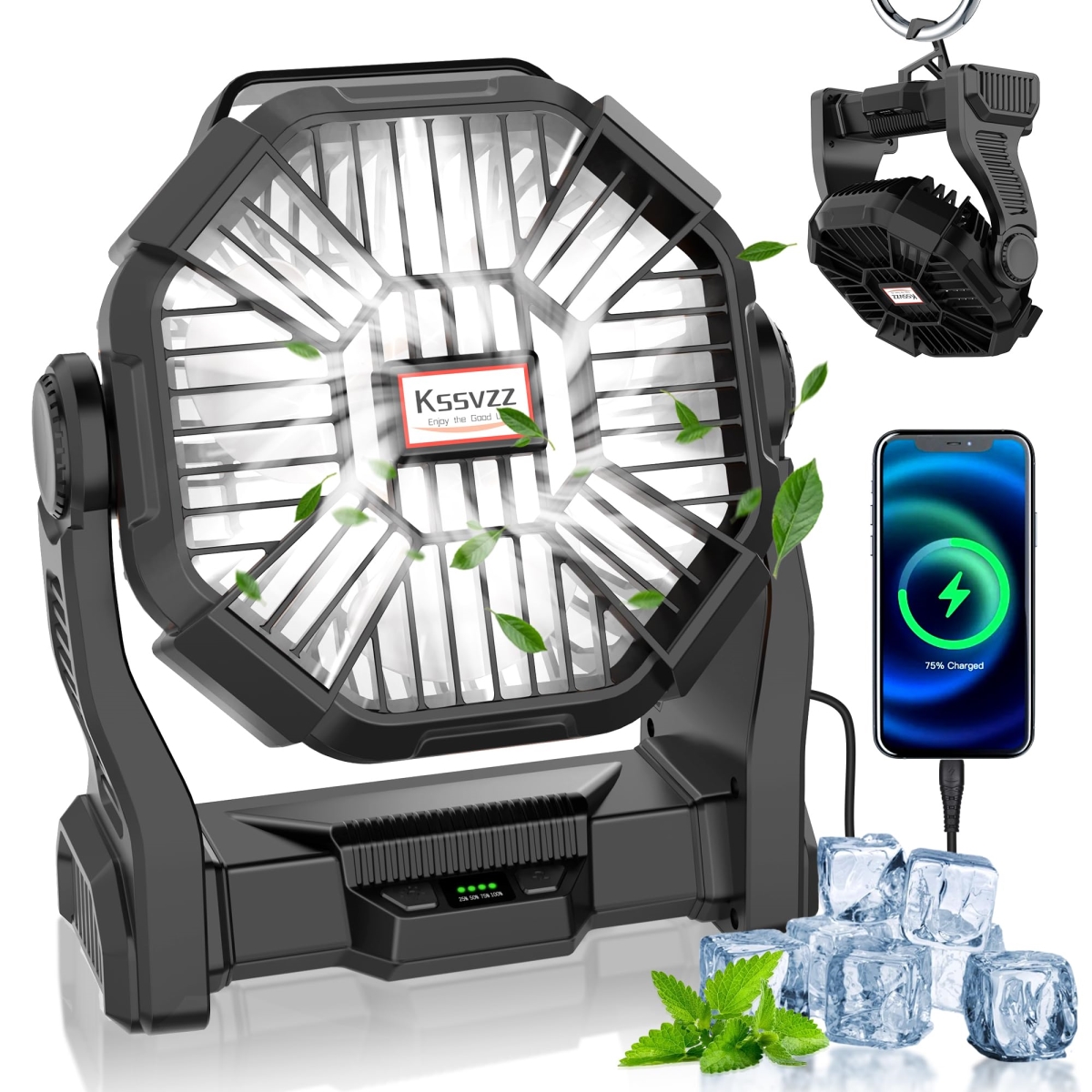 tek NT76818 9 in. 10400mAh Rechargeable Battery Powered Portable Camping Fan with LED Lantern, 270 deg Pivot, 4 Speed for Travel - Black