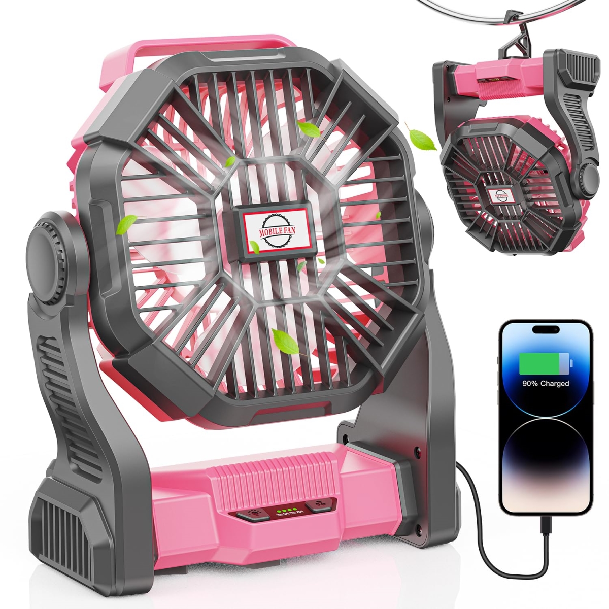 tek NT76936 Camping Fan with LED Lantern - 10400mAh Portable Rechargeable Battery Powered with Hook & Camping Gear - Pink