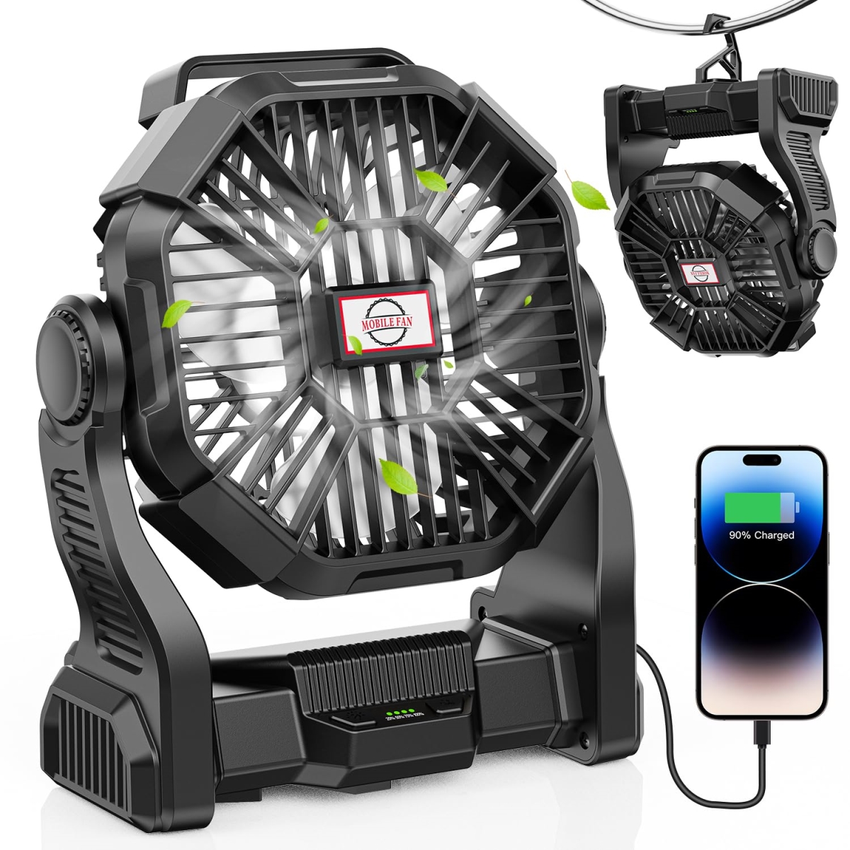 tek NT77743 Camping Fan with LED Lantern - 20000mAh Portable Rechargeable Battery Powered with Hook & Camping Gear - Black