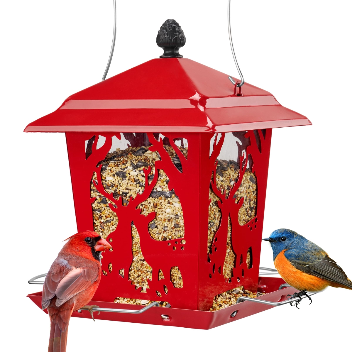 tek NT78000 Kingsyard Unique Design Wild Bird Hopper Metal Bird Feeder for Outdoor Hanging with 4 Perches & Rainproof Roof, Red