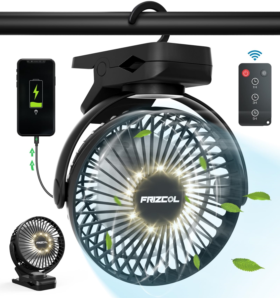 tek NT78120 12000 Capacity Battery Operated USB Rechargeable & Portable Camping Fan with LED Lights, Hook, 65 Working Hours & Clamp for Home