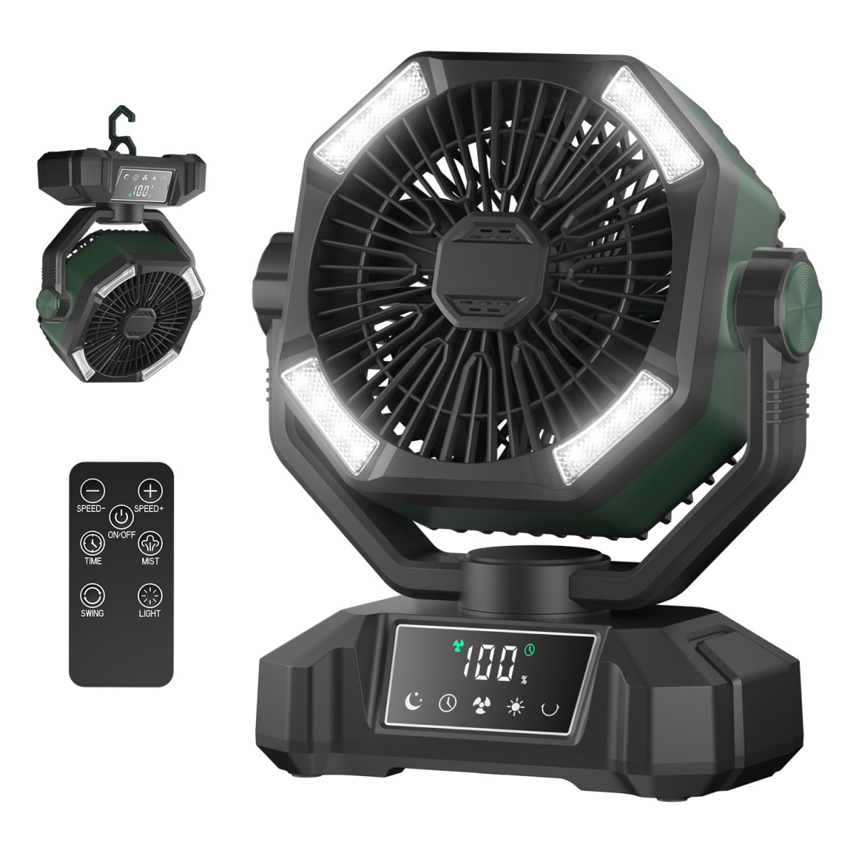 tek NT78169 20000mAh Rechargeable Portable Battery Powered Camping Fan with LED Lantern Light, Remote, USB Output & Dual Motor - Forest Green