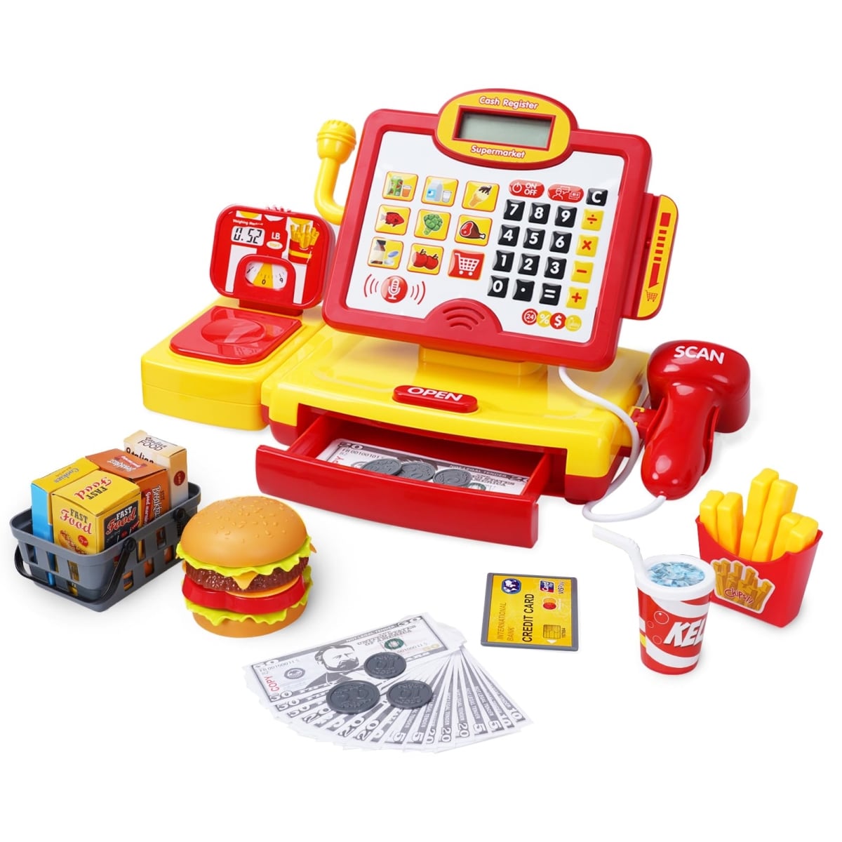 tek NT78192 FS Toy Cash Register with True Barcode Scanner, Credit Card & Calculator, Pretend Play Shopping Set for Toddlers & Kids Ages 3-8