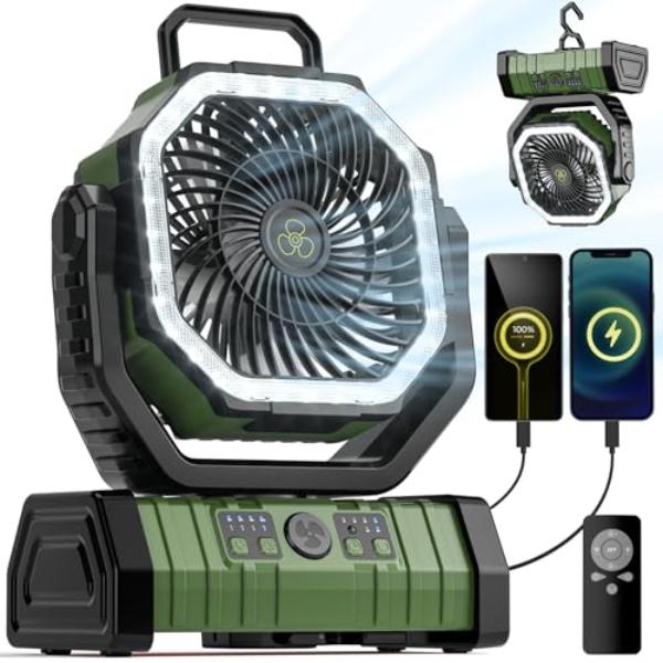 tek NT78232 20000mAh Battery Powered Portable Rechargeable Camping Fan with LED Lantern & Hanging Hook - 4 Speeds Wind Remote Control