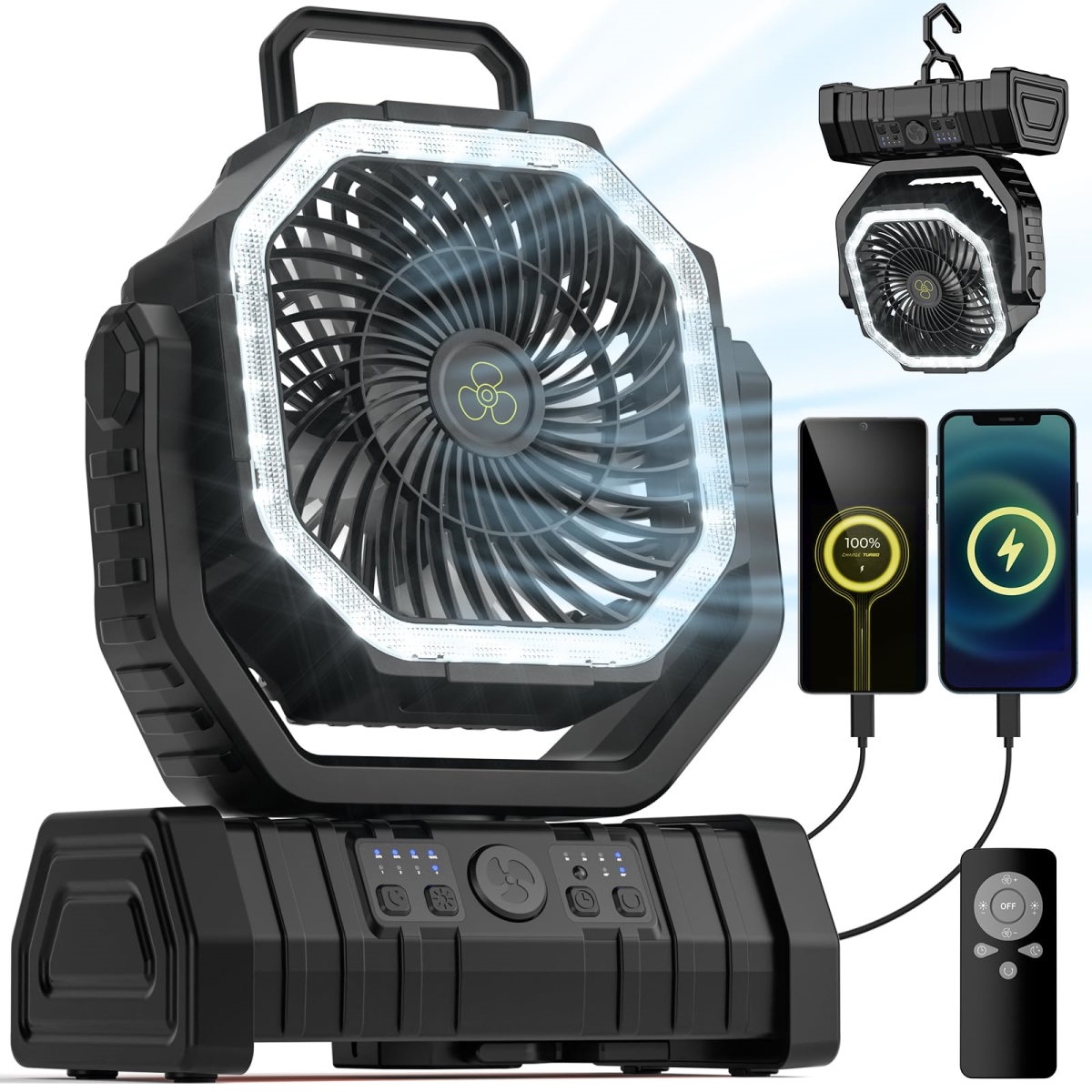 tek NT78298 20000mAh Battery Powered Portable Outdoor Rechargeable Camping Fan with LED Lantern & Hanging Hook - 4 Speeds Wind Remote Control