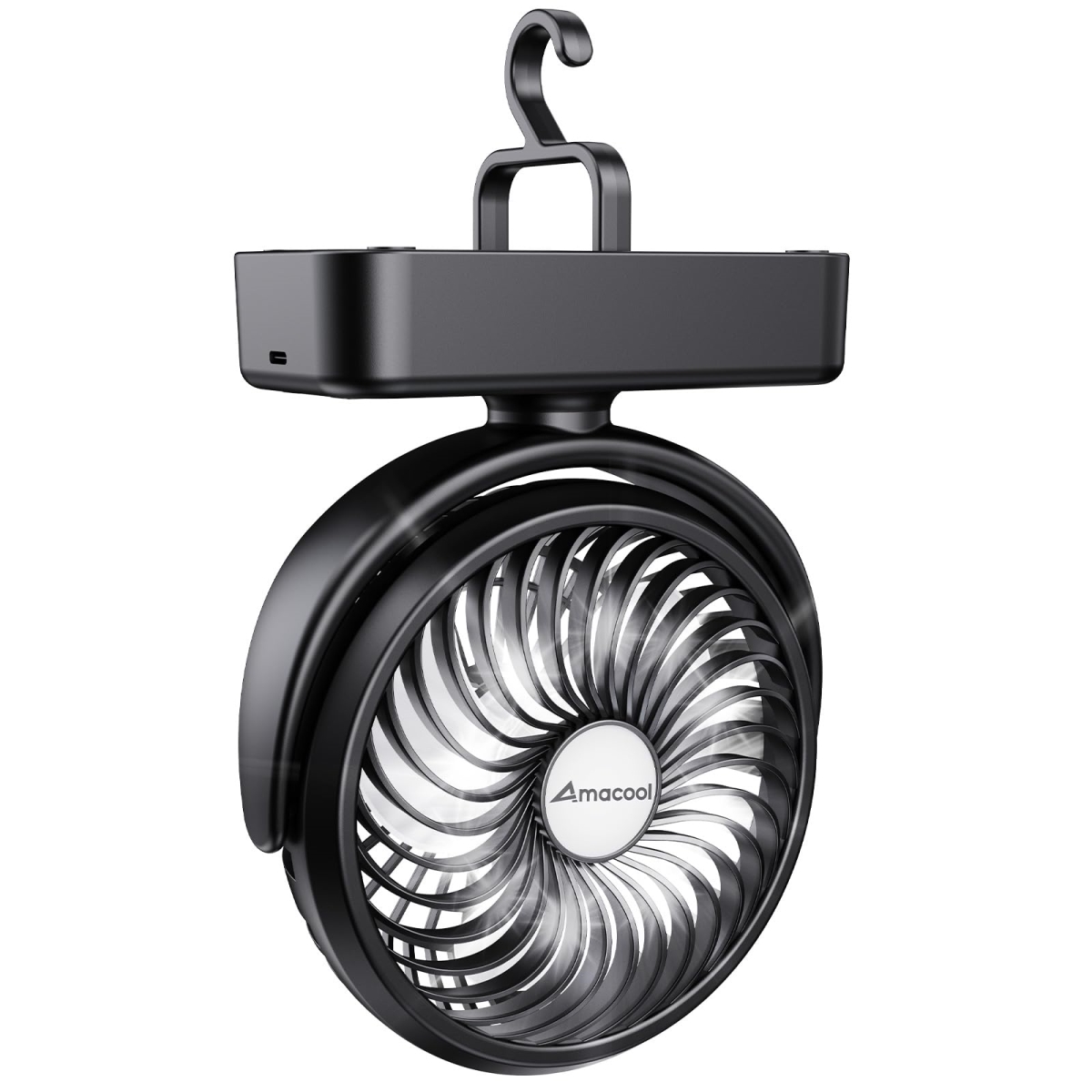 tek NT78573 40H Work Time Rechargeable Battery Operated Portable Camping Fan with LED Lantern & Hanging Hook for Tent