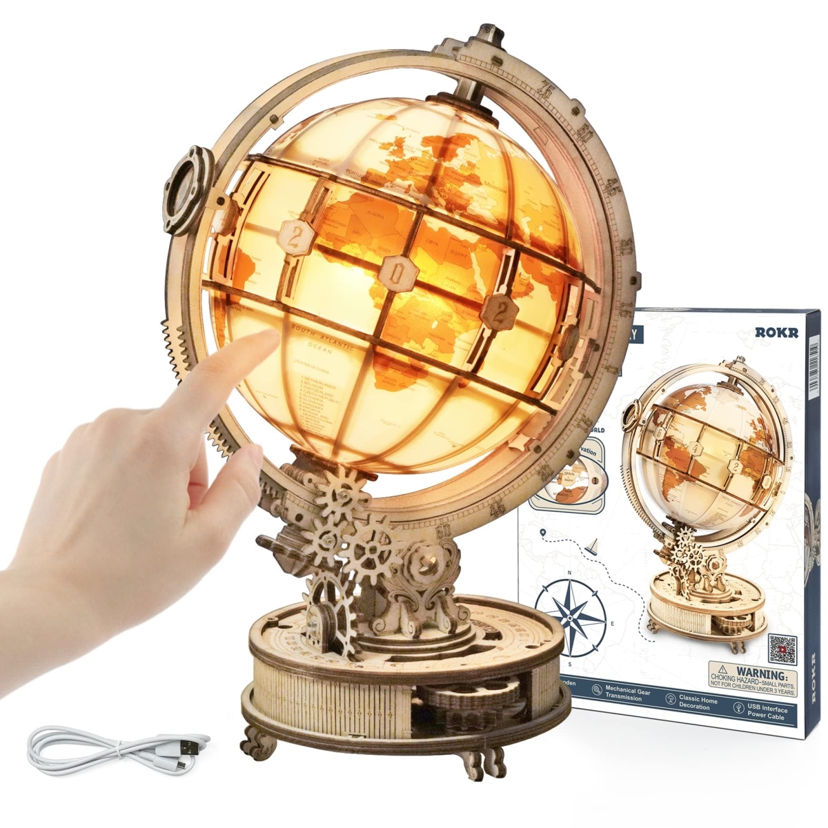 tek  ROKR 3D Wooden Puzzles LED Illuminated Globe Model Building Kits, Room Decor for Teens, Adults, Girls, Boys, Women & Men