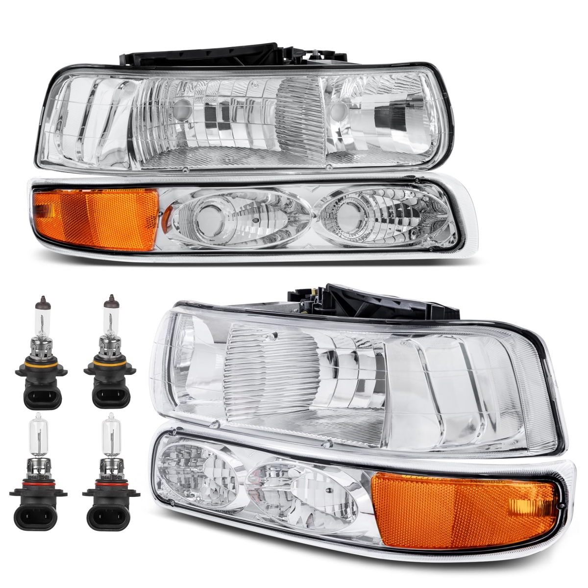 tek  Headlight Assembly Front Lamp with Bulb for 1999-2002 Chevrolet Silverado 1500 & 2500, 2000-2006 Suburban 1500 & 2500 Tahoe - Chrome & Amber