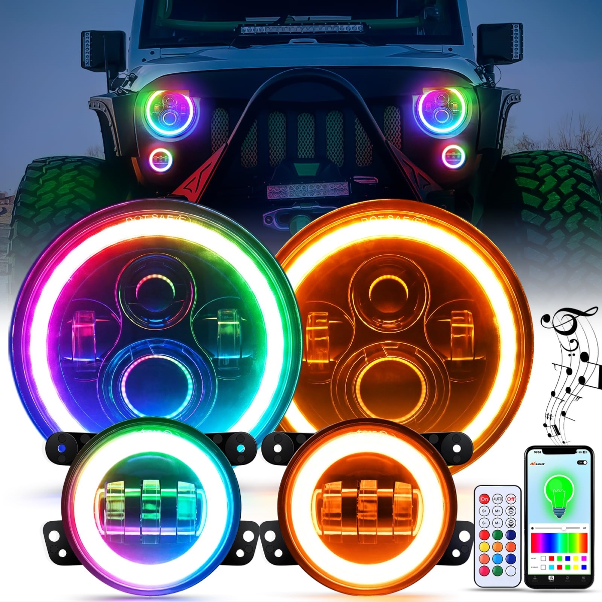 tek NT79112 7 in. Nilight RGB LED APP & Remote Control Round Headlights & 4 in. Fog Light with Turn Signal for 2007-2018 Wrangler JK