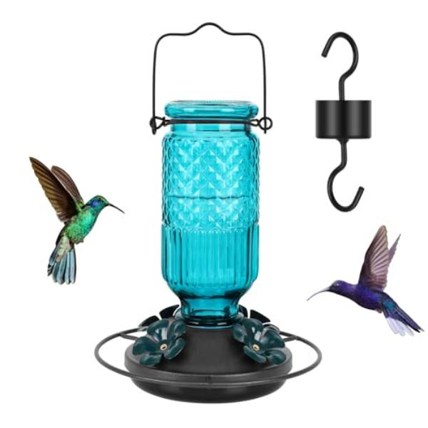 Picture of tek NT79135 FEED GARDEN 16 oz Glass Hummingbird Feeder for Outside Outdoors Hanging with 4 Bee Guard Feeding Ports & Built-in Ant Moat&#44; Gifts for Mom&#44; Blue