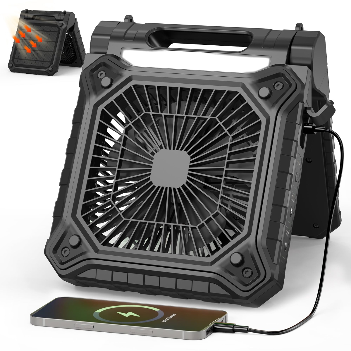 tek NT79217 KITWLEMEN Rechargeable Battery Operated Solar Camping Fan with Light, 19H Run Time, 3 Speed, 6H Timer & SOS Signal