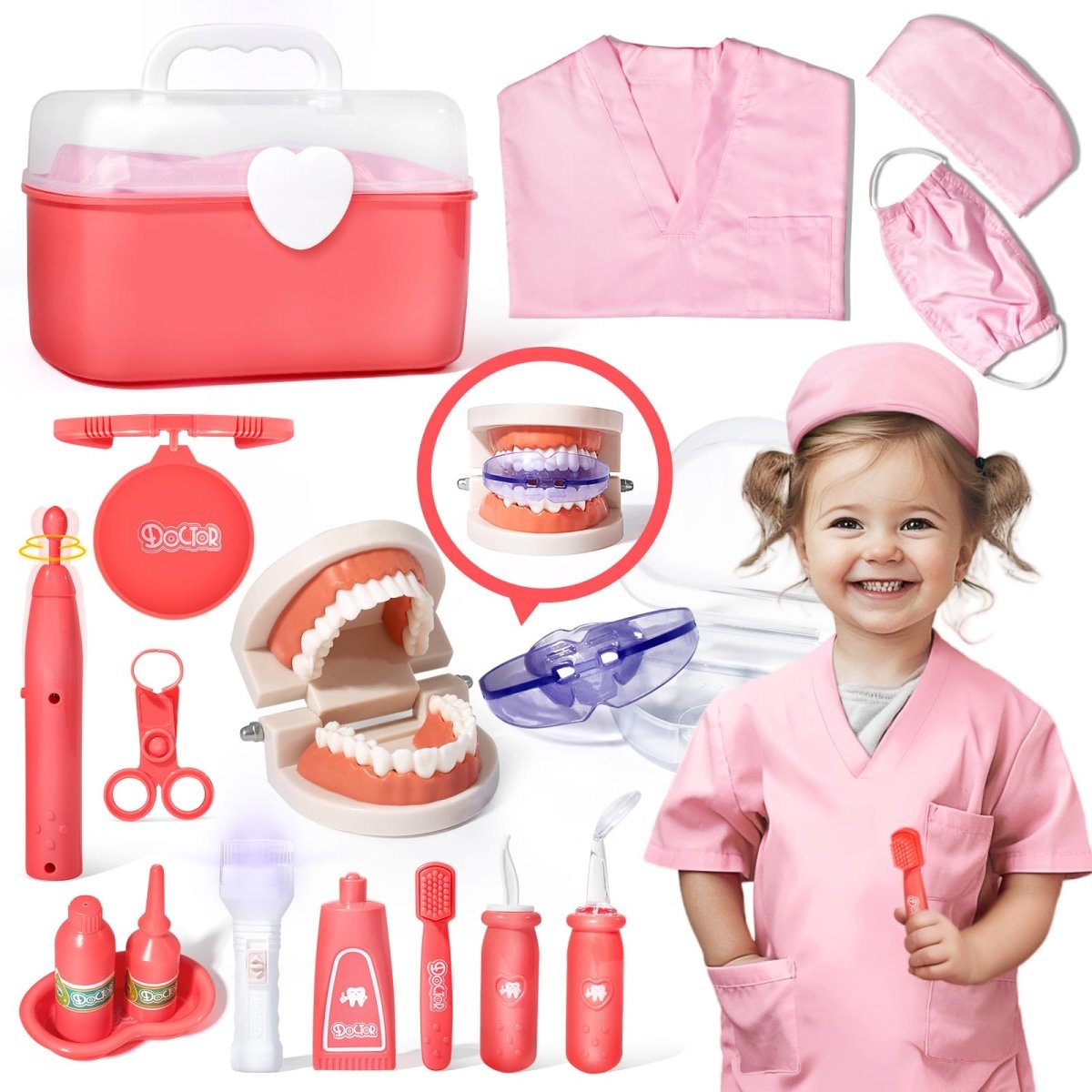 Picture of tek NT79258 Kids Dentist Kit with Pretend Teeth&#44; Dental Tools & Dress-Up Costume&#44; Fun Role Play Set Gift for Toddlers & Kids Ages 3-6&#44; Pretend Play Toy Set