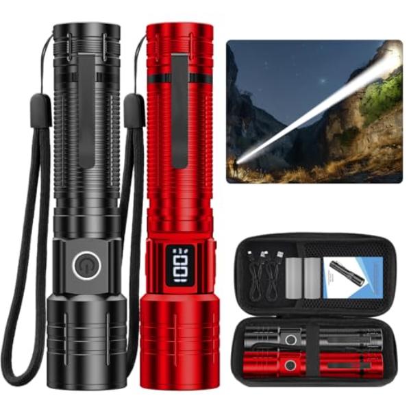 tek  20000LM High Lumens Super Bright LED Rechargeable Tactical Small Powerful Flashlight with Dimmable, Zoomable Beam with case, Black & Red