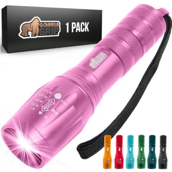 tek  750 ft. Gorilla Grip Powerful LED Water Resistant 5 Adjustable Mode High Lumens Ultra Bright Battery Life Zoom Tactical Flashlight, Pink