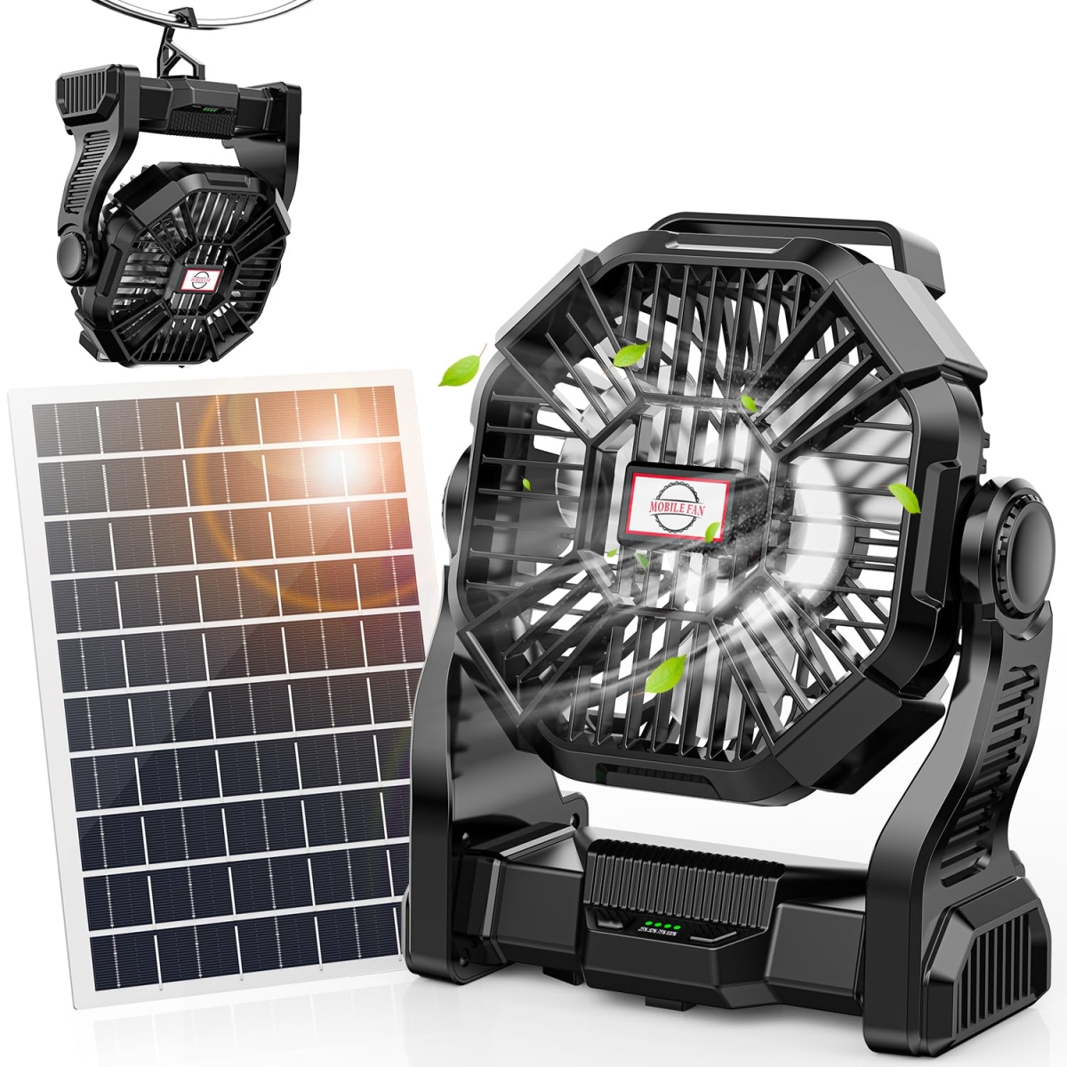 Picture of tek NT82787 10400mAh Rechargeable Battery Operated Solar Powered Camping Fan with 7W Panel & LED Lantern for Indoor & Outdoor