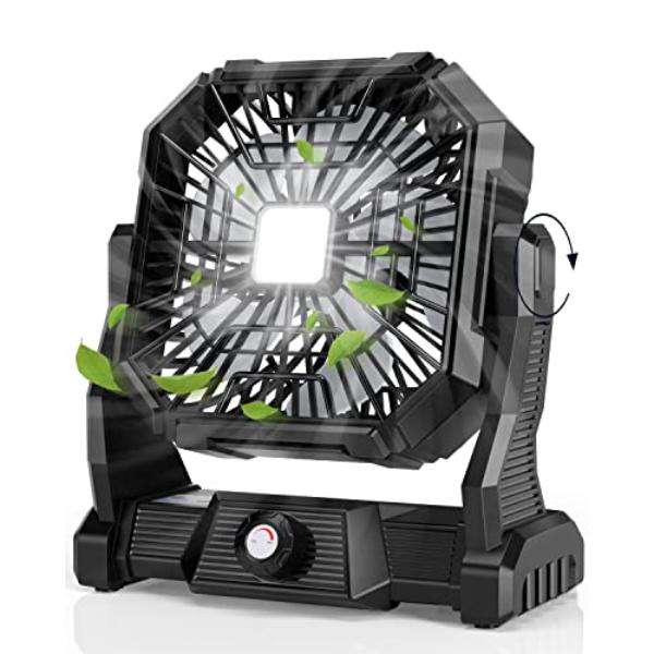 Picture of tek NT83341 20000mAh Battery Powered Rechargeable Camping Fan with LED Lantern&#44; 270 deg Head Rotation & Hanging Hook for Travel&#44; Black
