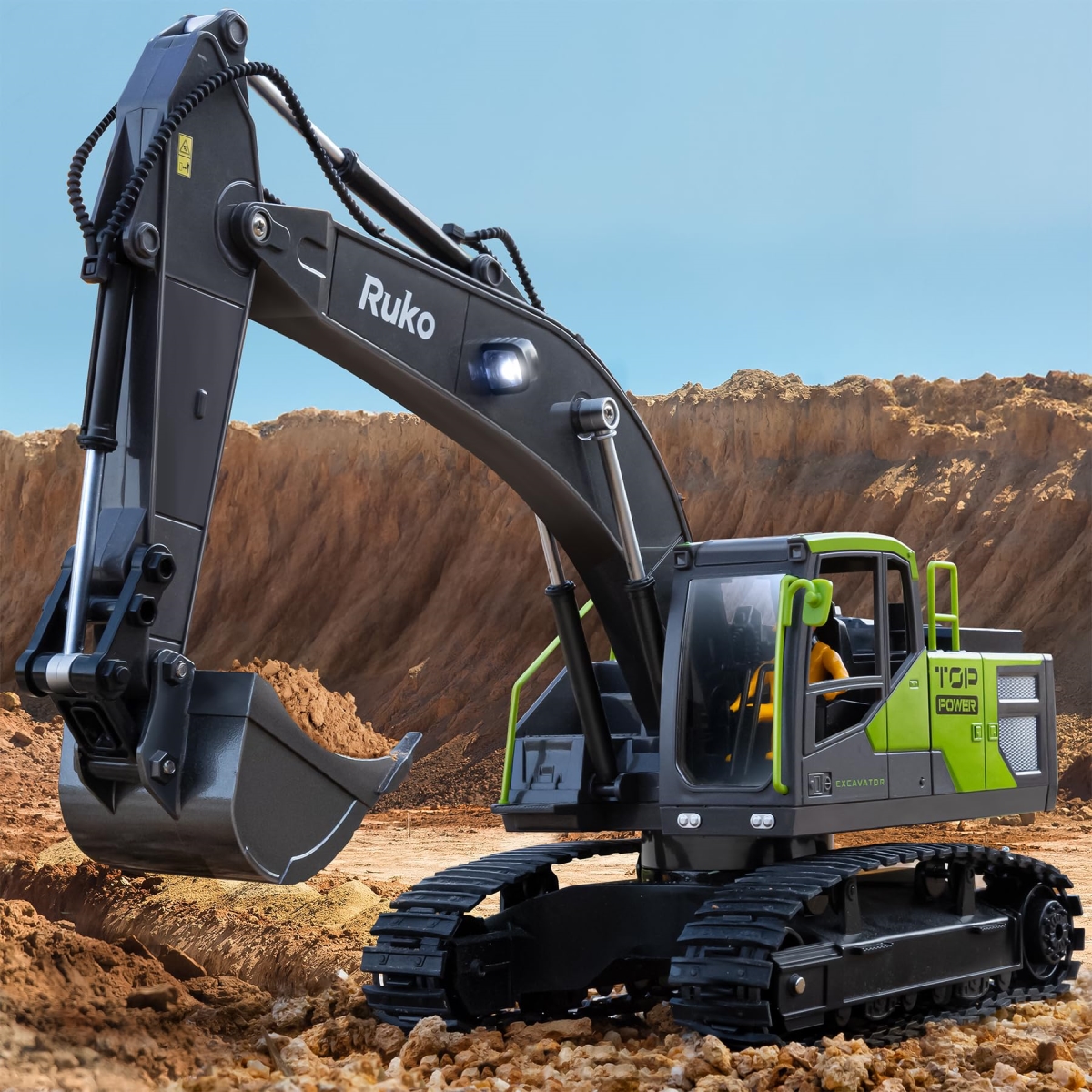 tek  UNO1RC Ruko 1661 Remote Control Excavator Toys for Boys, 2.4Ghz RC Construction Vehicles with Metal Shovel & Simulated Lights Gift for Kids