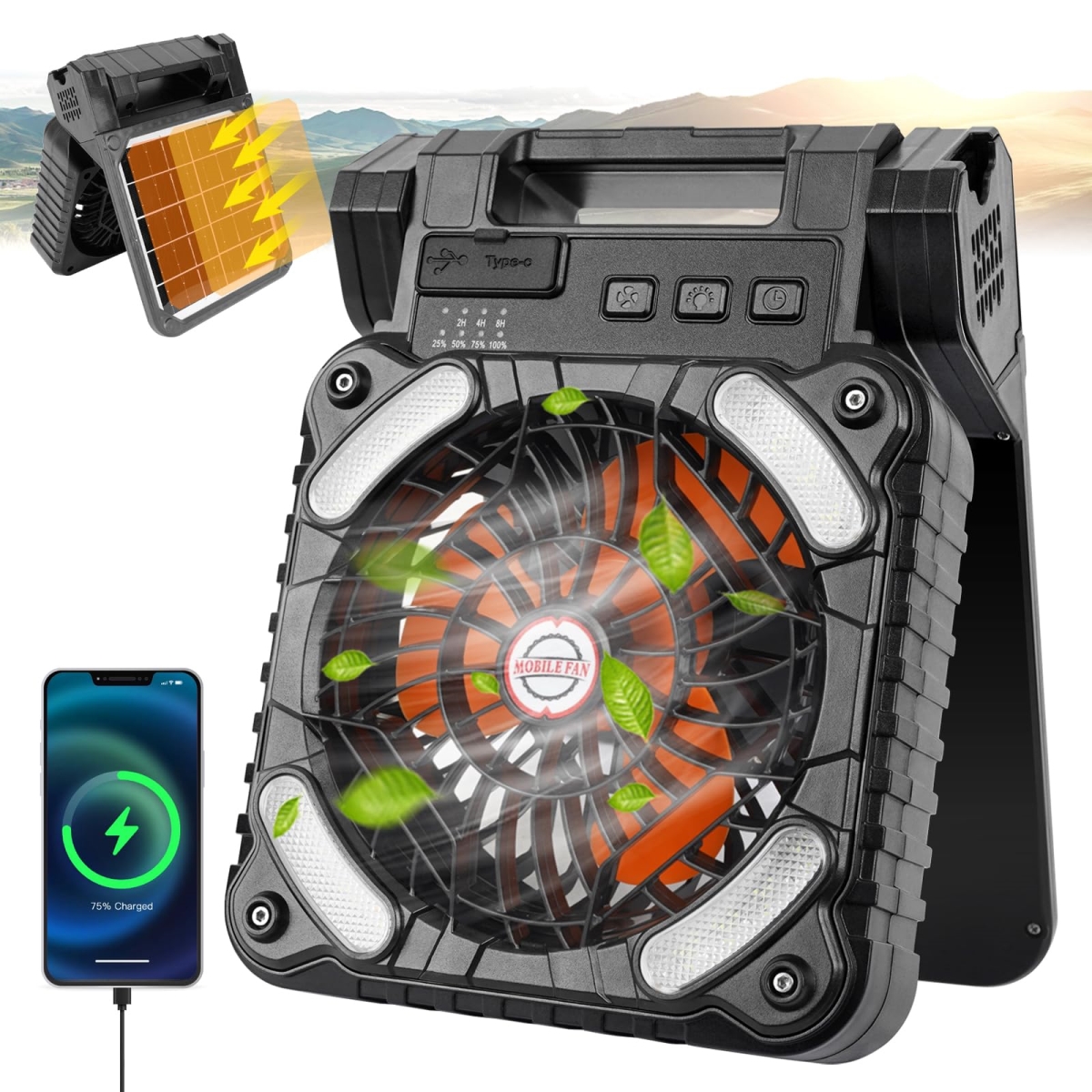 tek NT81346 7 in. Solar Powered 10400mAh Rechargeable Battery Operated Portable Camping Fan with LED Light & 4W Solar Panel