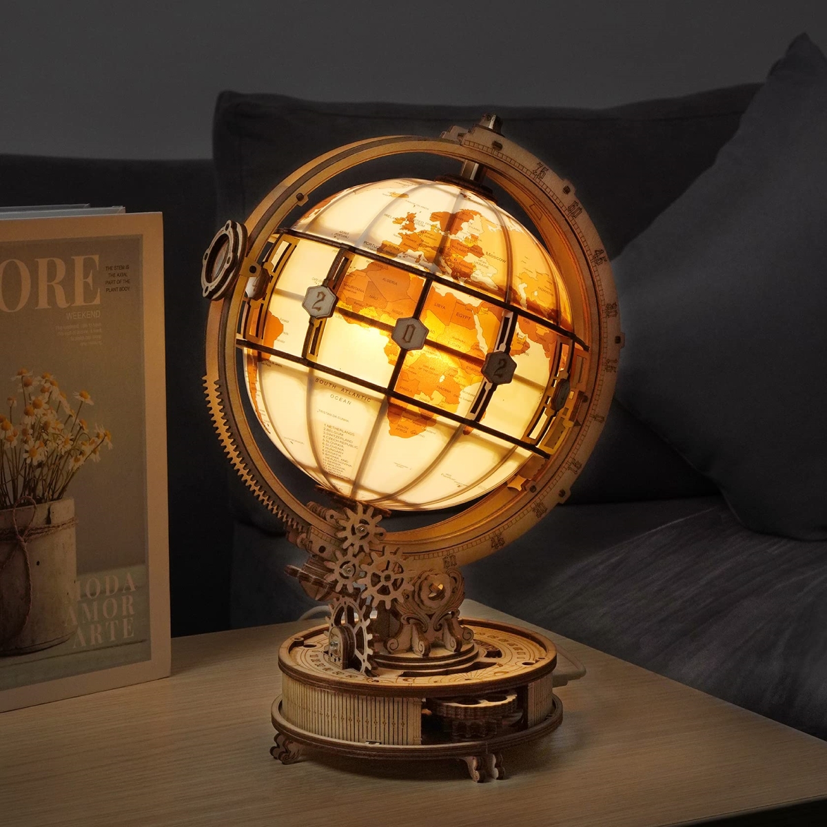Picture of tek NT81410 ROKR 3D Wooden Puzzles&#44; LED Illuminated Globe Model Kits with Stand&#44; LED Light for Adults&#44; Unique Gift for Birthday & Anniversary