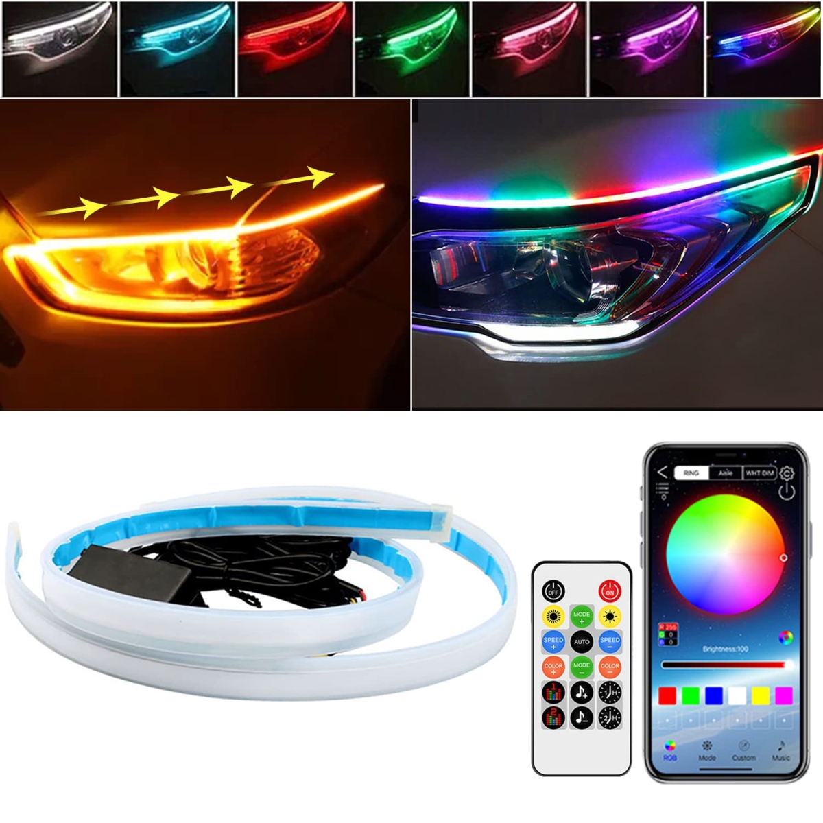 tek NT82140 24 in. TEKSHINNY Waterproof Flexible Car Headlight LED Strip Lights - Dual Color Red Turn Signal Yellow Light for SUV & Truck - 2 Piece