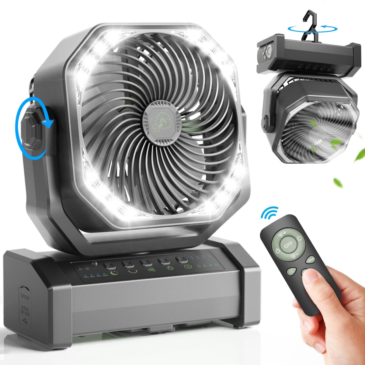 tek  Vidihill 20000mAh Auto-Oscillating Rechargeable Battery Operated Camping Personal Fan with LED Light, Remote, Timer, 4 Speeds & Hook