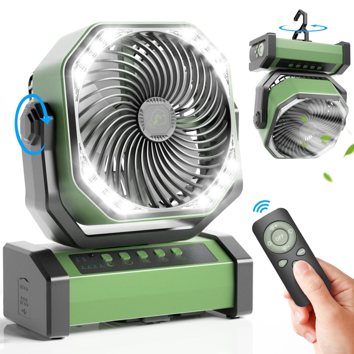 Picture of tek NT82708 Vidihill 20000mAh Auto-Oscillating Rechargeable Battery Operated Camping Fan with LED Light&#44; Remote & Hook&#44; Timer & 4 Speeds