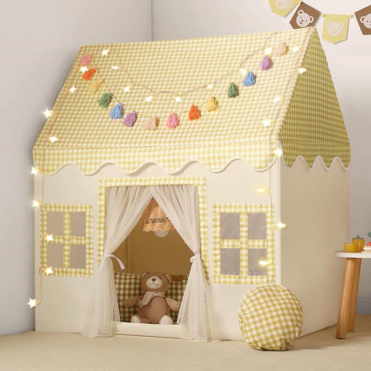 Picture of tek NT82839 Kids Play Checkered Tent Playhouse Indoor - Mat&#44; Tassel Garland&#44; Star Lights&#44; Birthday Gift Toys for Toddlers&#44; Kids&#44; Boys & Girls&#44; Yellow