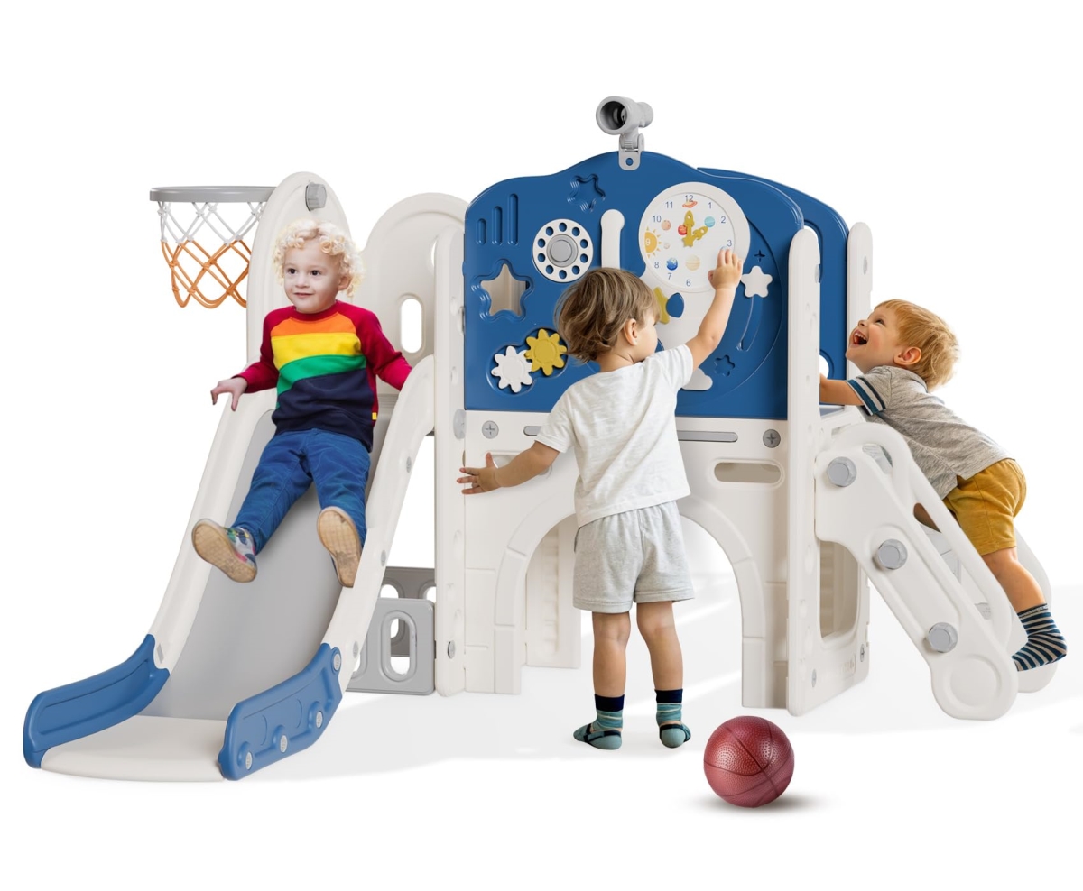 Picture of tek NT83026 BIERUM 10-in-1 Astronaut Themed Kid Slide with Basketball Hoop&#44; Phone Toy & Turning Gears&#44; Indoor Outdoor Playset for Toddlers Age 1-3&#44; Blue & Grey