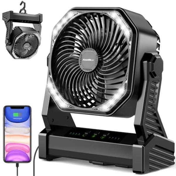 tek NT73796 20000mAh Battery Powered Portable & Rechargeable Camping Fan with Light & Hook for Tent - 270 deg Pivot, 4 Speeds