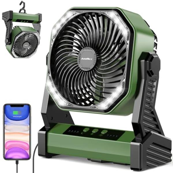 tek NT73797 20000mAh Battery Powered Portable & Rechargeable Camping Fan with Light & Hook for Car Trip - 270 deg Pivot, 4 Speeds