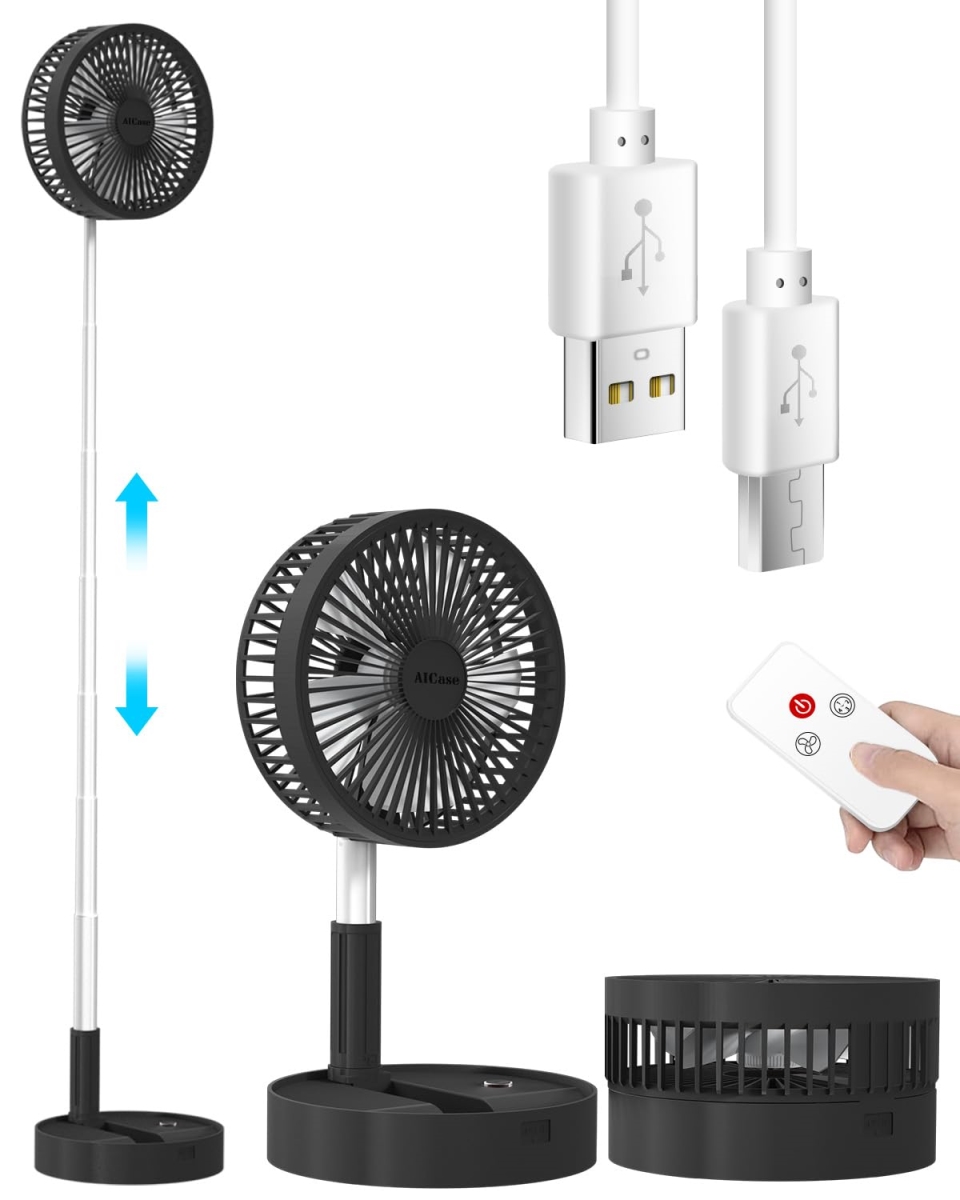 tek  AI Case Super Quiet Adjustable Height & Head Portable Telescopic Floor & USB Desk Fan with 7200mAh Rechargeable Battery, 4 Speeds - Black