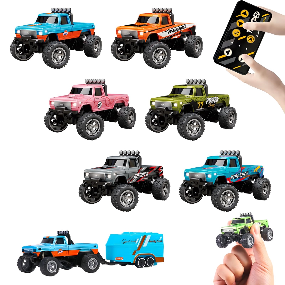 tek NT74280 1-64 Scale 2.4GHz Mini Alloy Monster Remote Control RC Truck with Lights, Trailer, Speed & Steering Adjustable, 6 Piece