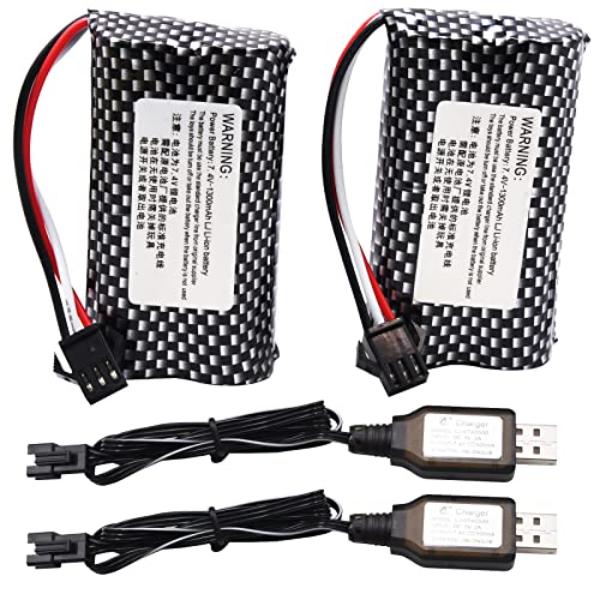 Picture of tek NT74568 Blomiky 7.4V 1300mAh Li-ion Rechargeable Batteries with SM3P Plug & Charger Cable&#44; Compatible Replacement for Huina 1575 RC Construction Truck - Pack of 2