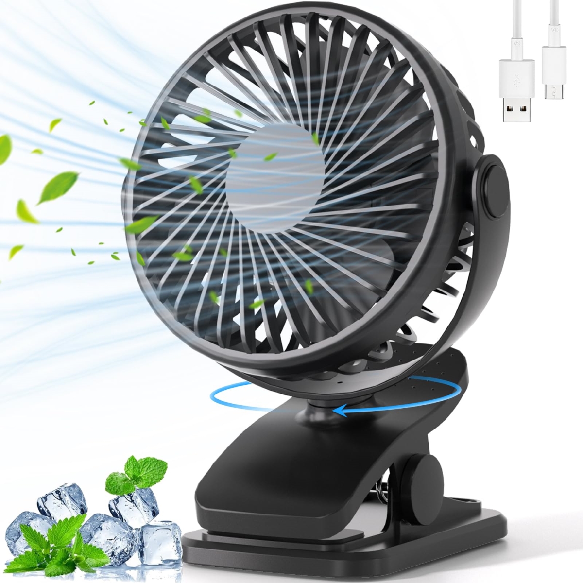 tek NT74865 USB Rechargeable 3 Speed Quiet Mini 360 deg Rotate Battery Operated Portable Clip On Stroller Camping Fan for Outdoor - Black