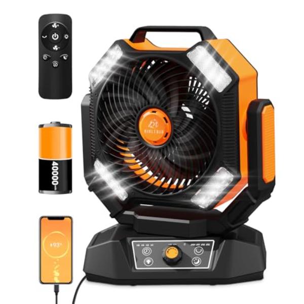 tek NT75197 40000mAh Battery Operated Portable Camping Fan with LED Lantern, Remote Control & Hook & Rotate Head & 8 Adjustable Speed