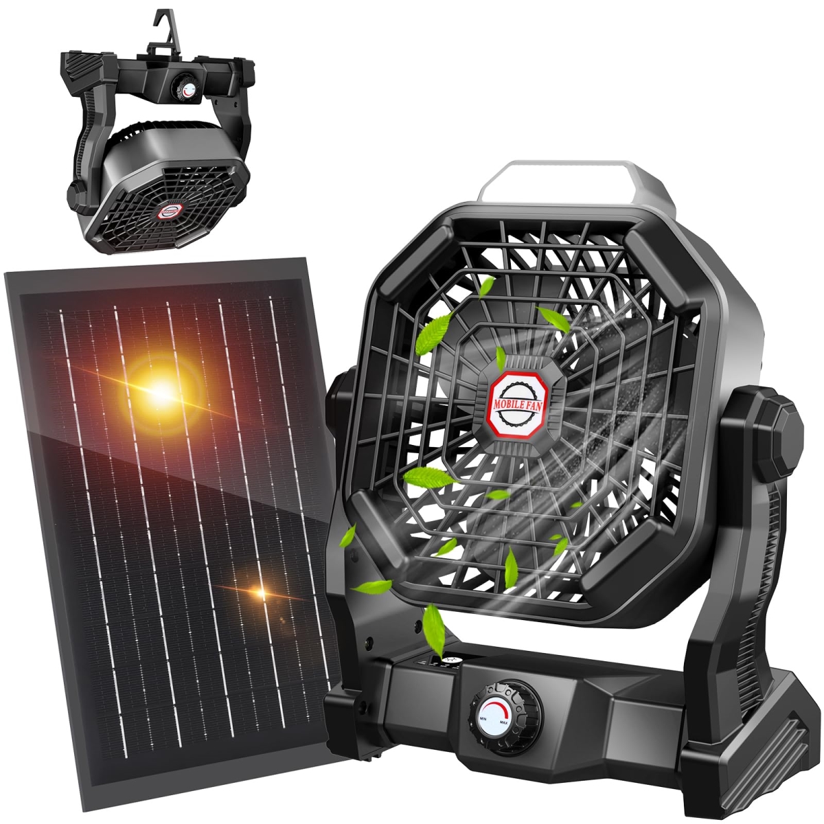 tek NT75225 10400mAh Rechargeable Solar Powered Camping Fan with 7W Solar Panel for Outside
