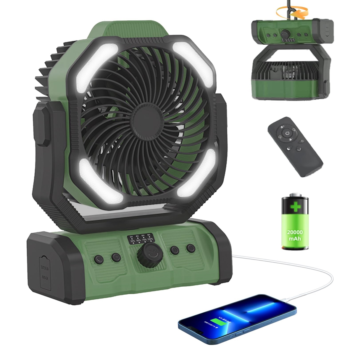 tek NT75424 20000mAh Battery Operated Portable Camping Fan with 4 LED Lights, Hook, Remote Control, Adjustable Speed & Timing - Green