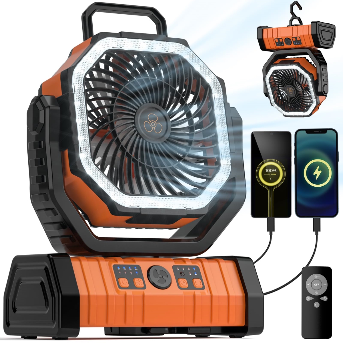 tek NT75864 20000mAh Battery Powered Portable & Rechargeable Camping Fan with LED Lantern & Hanging Hook - 4 Speeds Wind Remote Control