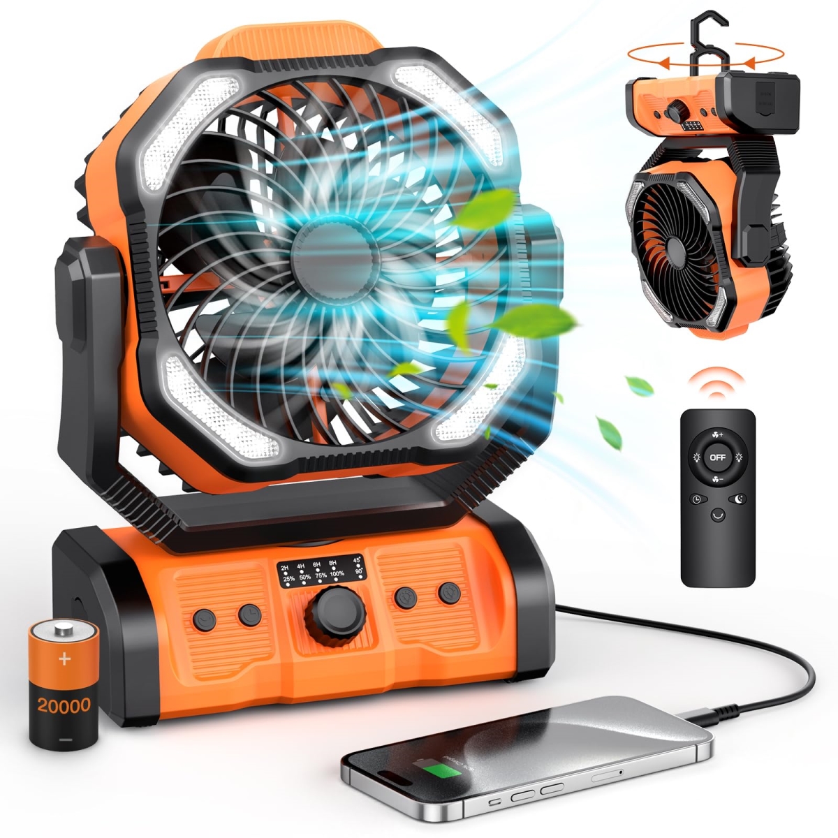 tek  20000mAh Cordless Battery Powered Portable Rechargeable Camping Fan with LED Lantern, Remote Auto Oscillating USB C Table Operated Ventilador