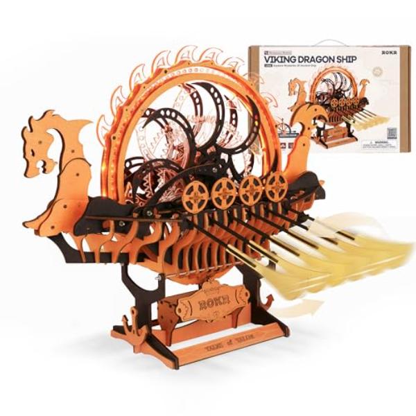 tek  ROKR 3D Wooden Puzzle, 3-Hour Build, Viking Dragon Ship with LED Lights Model Kits for Adults to Build, Ideal Gift for Boys & Men
