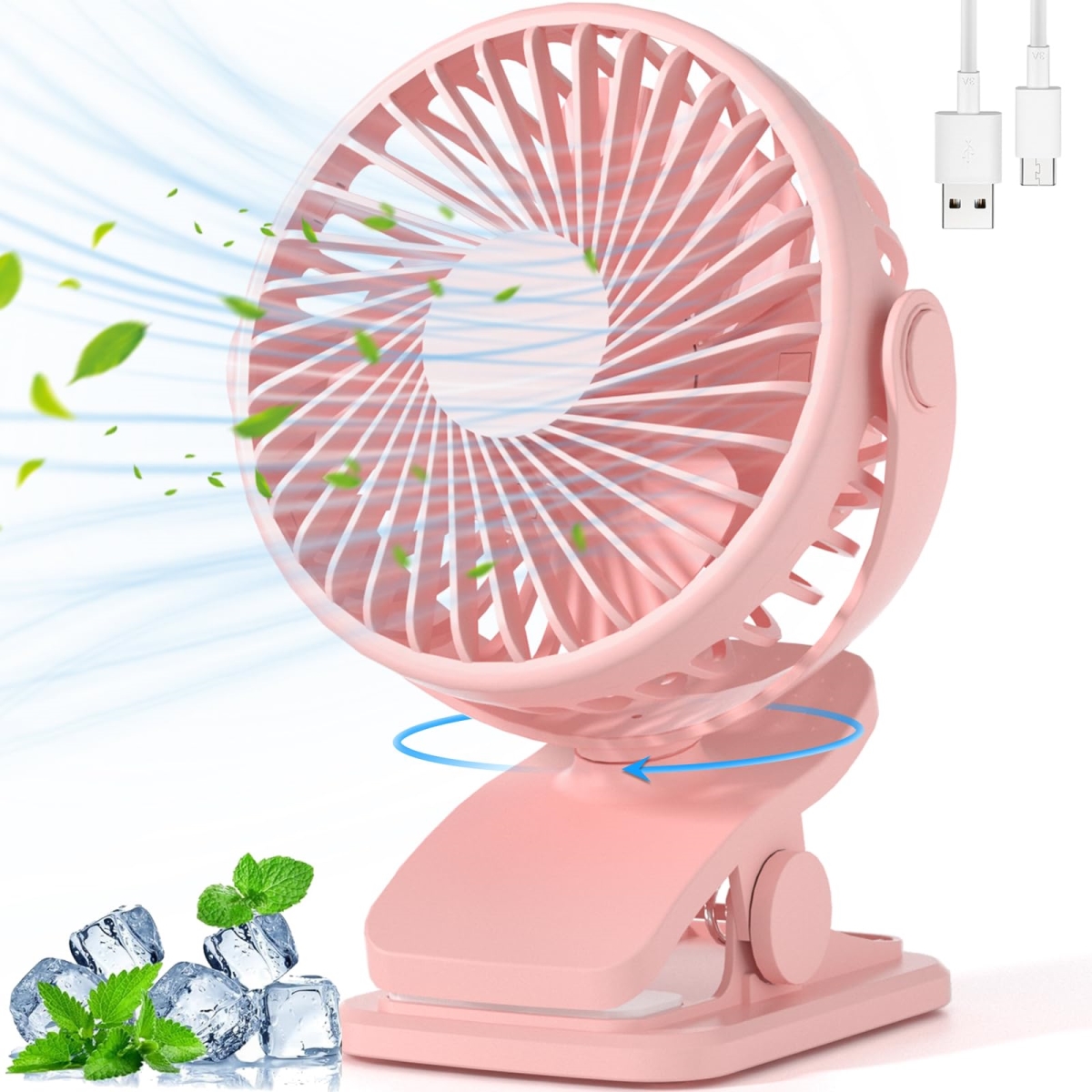 tek NT77464 USB Rechargeable 3 Speed Quiet Mini 360 deg Rotate Battery Operated Portable Clip On Stroller Camping Fan for Outdoor - Pink