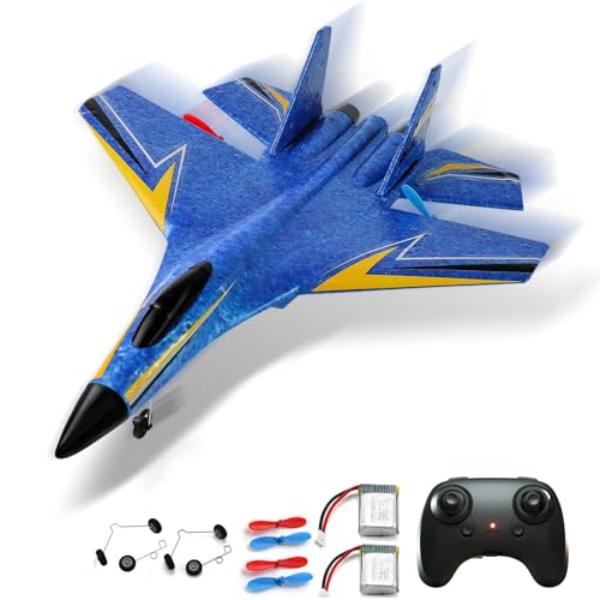 tek  UNO1RC Remote Control Airplane for Kids, 2 Channels RC Planes Wireless Toy with 2 Batteries, 2.4 GHZ Hobby RC Glider for Beginners - Blue