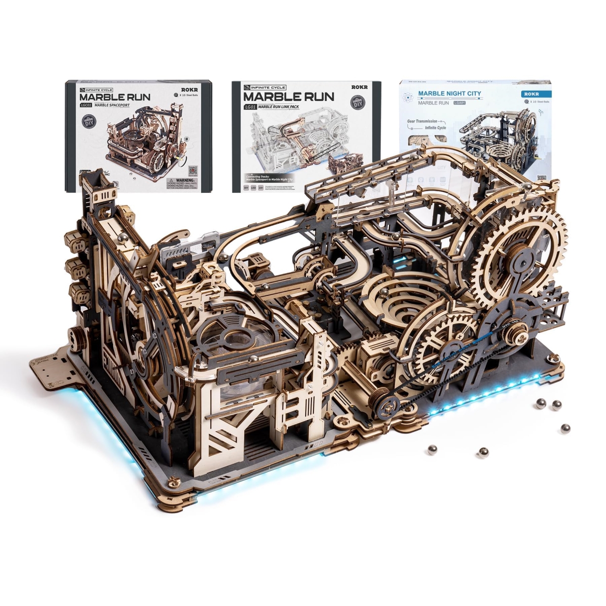 tek NT77805 ROKR 3-in-1 Electric Wooden Marble Run Model Building 3D Puzzles Toy Kits, Ideal Gift for Adults, Boys & Men