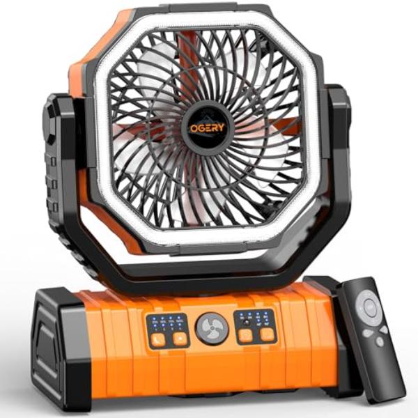 tek NT77862 20000mAh Portable Battery Powered Rechargeable Camping Fan with LED Lights, Remote & Oscillating - 4 Speed for Travel