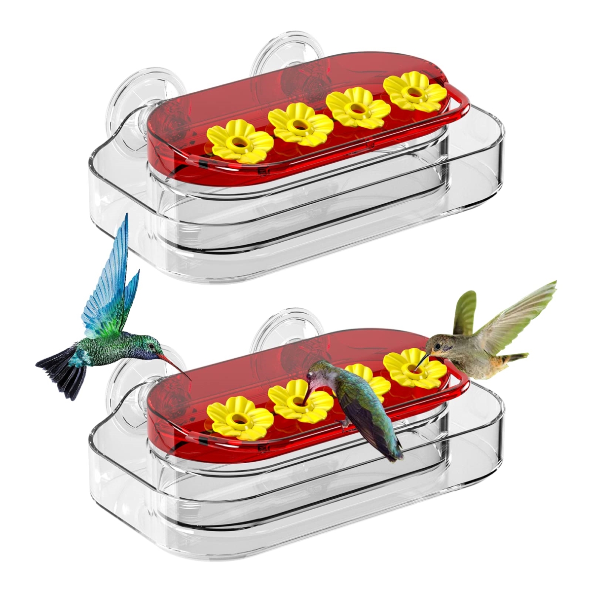tek NT78854 10 oz Strong Suction Cup Window Hummingbird Feeder with 4 Feeding Ports, Easy to Clean & Refill Plastic, Pack of 2
