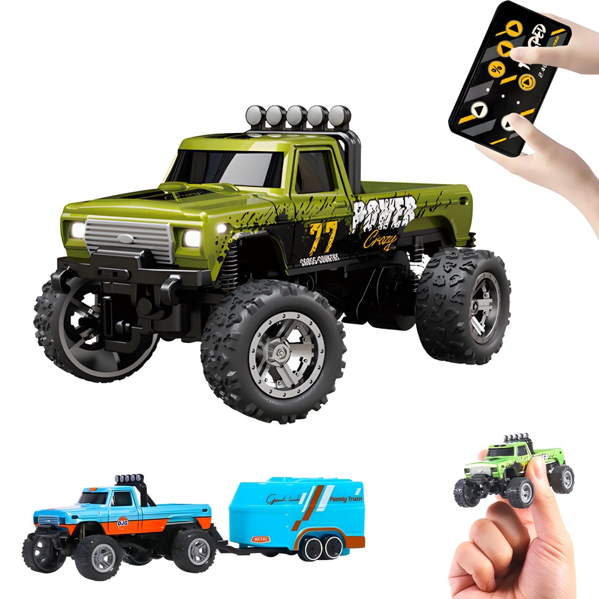 tek NT75110 1-64 Scale 2.4GHz Mini Alloy Monster Remote Control RC Truck with Lights, Trailer, Speed & Steering Adjustable, Green