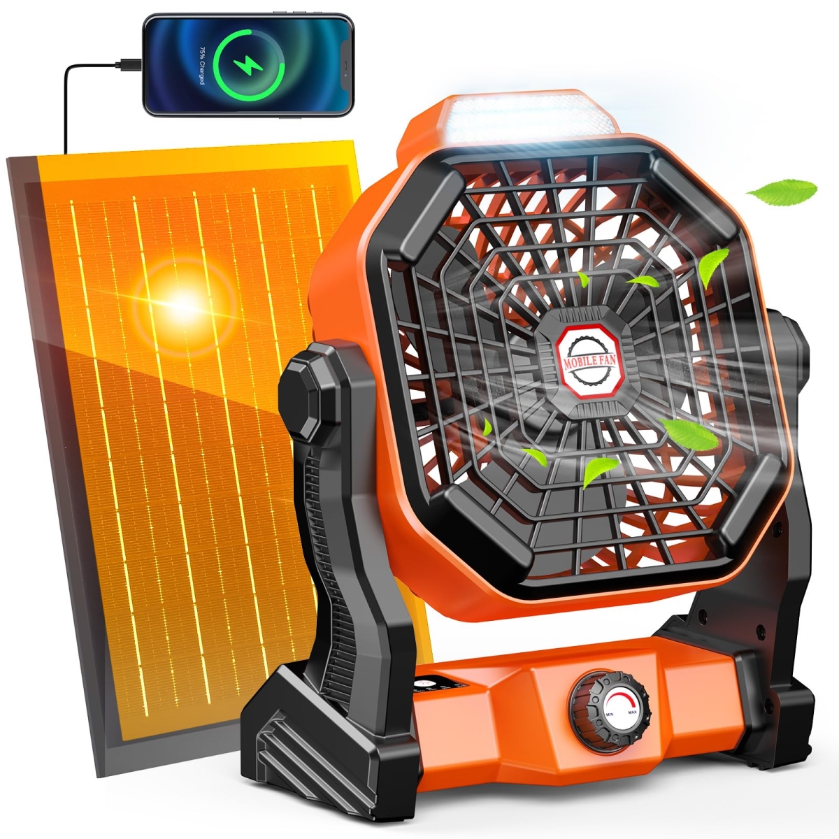 tek NT75227 8 in. 10800mAh 7W Battery Operated Solar Powered Rechargeable Camping Fan & LED Lantern